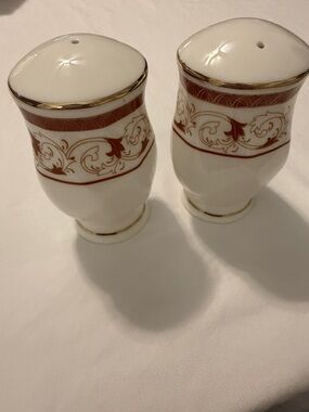 Vintage Gold Coast White Porcelain Salt & Pepper Shakers with Red Scroll Band
